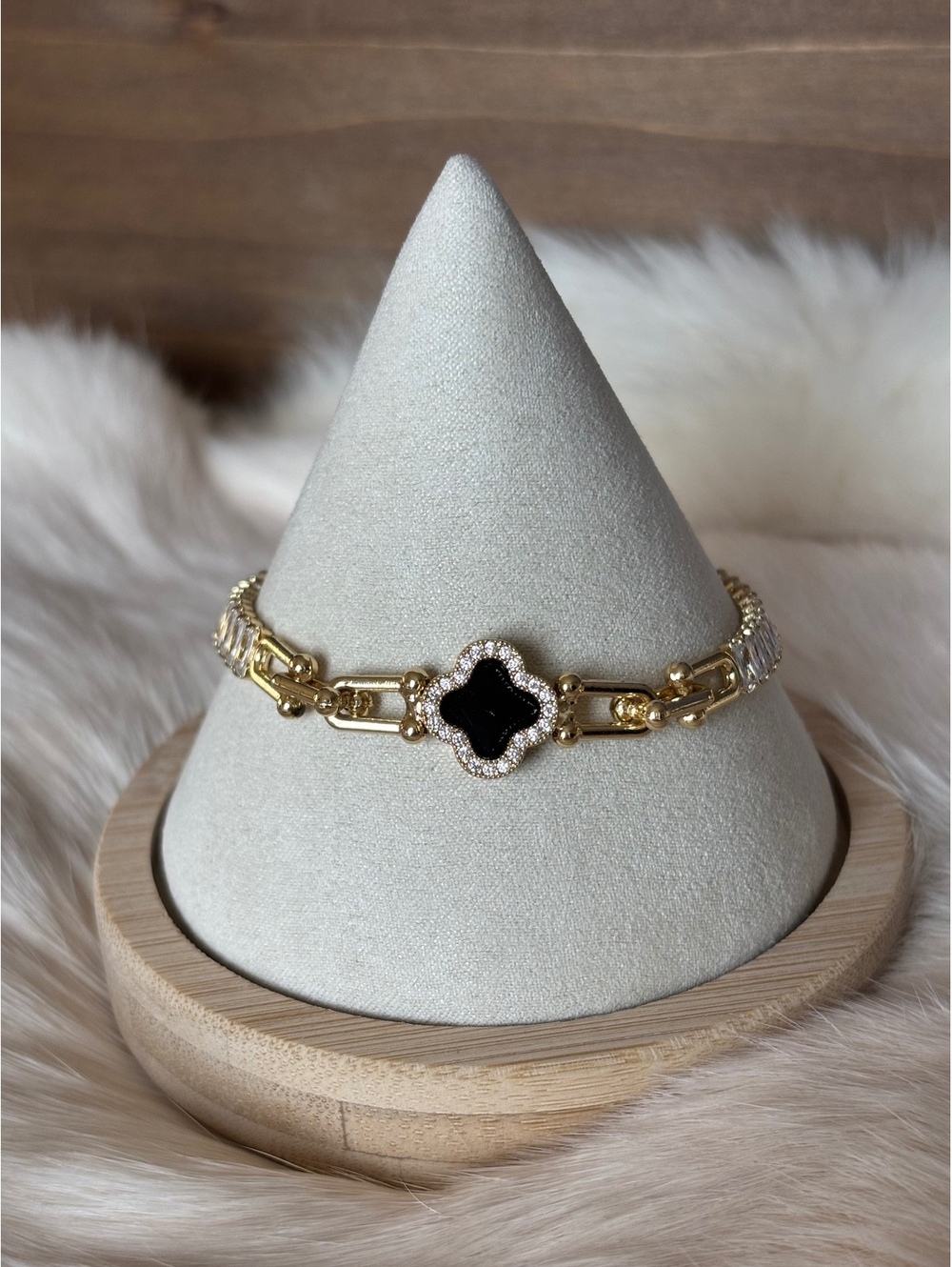 Gold Tone Bracelet with Black Clover and Clear Stones, Size 7